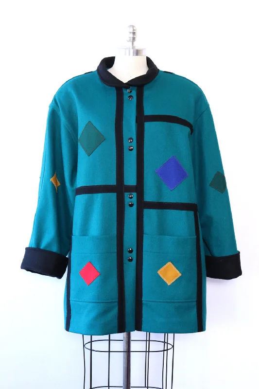 cold weather jacketTeal Geometric Wool Coat M/L