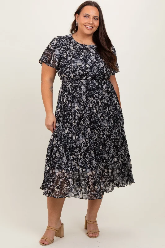 casual day dressBlack Floral Pleated Plus Midi Dress