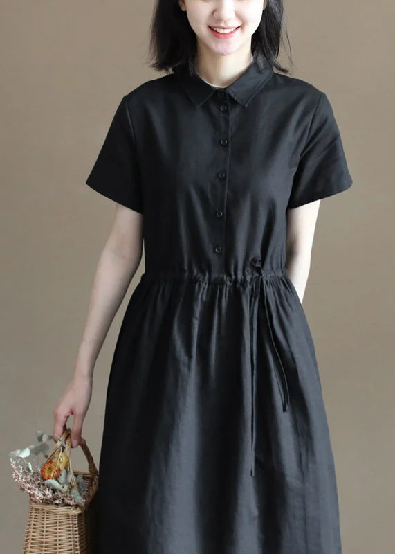 backless dressPlus Size Solid Black Drawstring Peter Pan Collar Button Cotton Linen Shirt Dress Short Sleeve