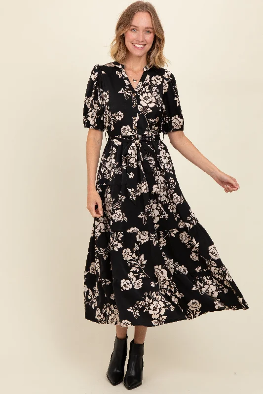 pleated dressBlack Floral Button Down Front Tie Midi Dress