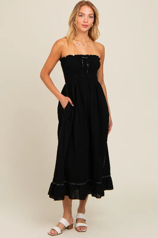 textured dressBlack Smocked Strapless Midi Dress