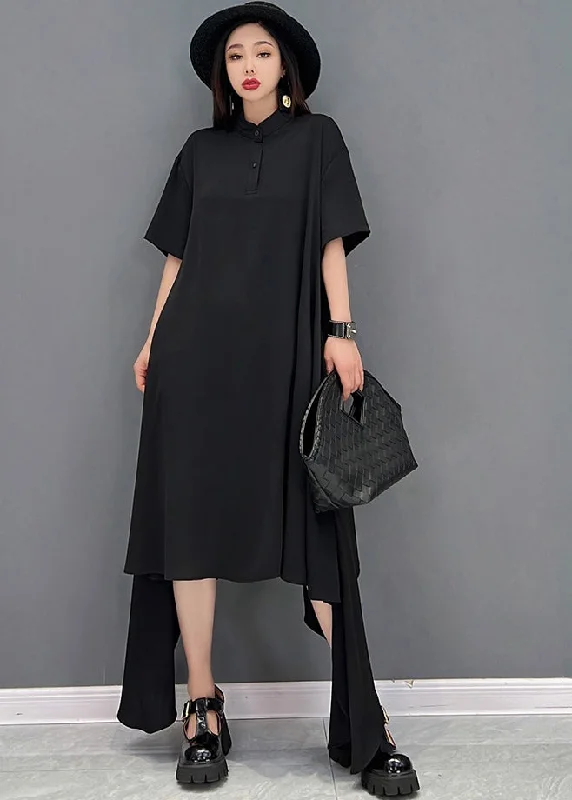 casual evening dressPlus Size Black Asymmetrical Design Chiffon Long Dresses Short Sleeve