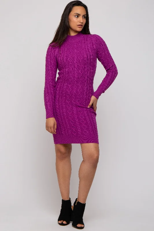 sleek midi dressMagenta Cable Knit Mock Neck Long Sleeve Sweater Dress