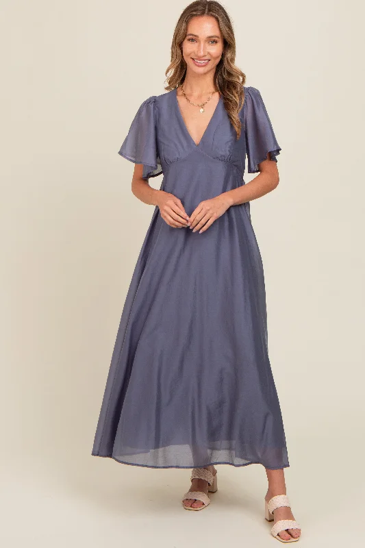 trendy mini dressBlue V-Neck Flutter Sleeve Maxi Dress