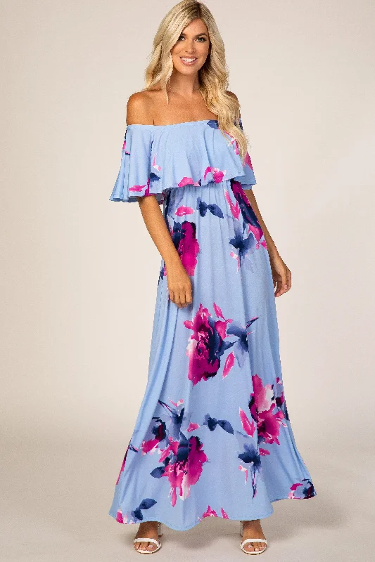 ruched dressLight Blue Floral Off Shoulder Maxi Dress