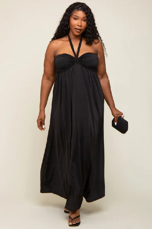 stylish party dressBlack Front Knot Halter Plus Maxi Dress