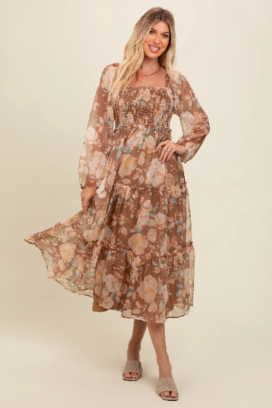 layered dressMocha Floral Square Neck Smocked Midi Dress