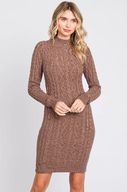 stylish party dressMocha Cable Knit Mock Neck Long Sleeve Sweater Dress