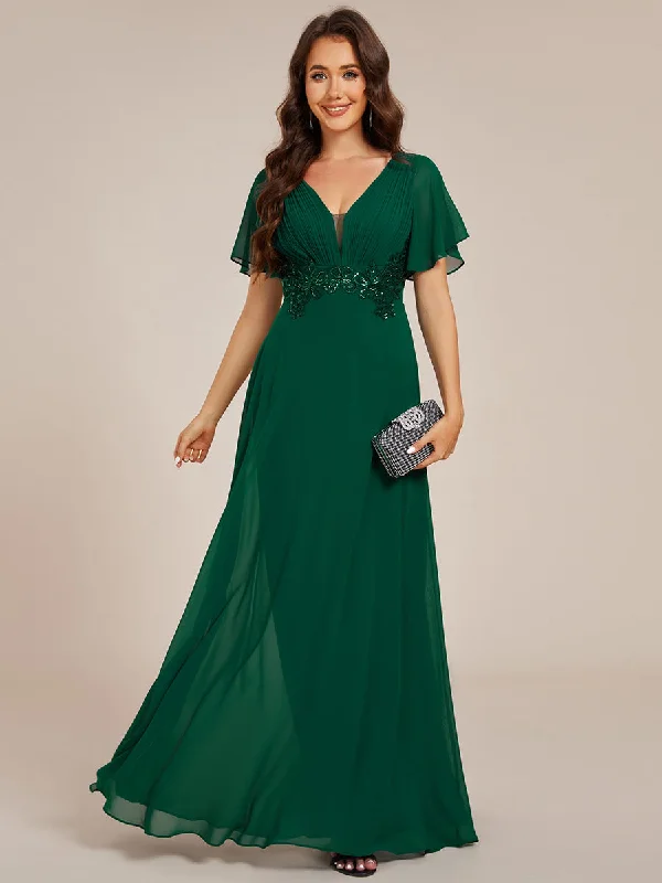 textured dressElegant Ruffles Sleeve Chiffon Evening Dresses with Pleated Applique Decoration