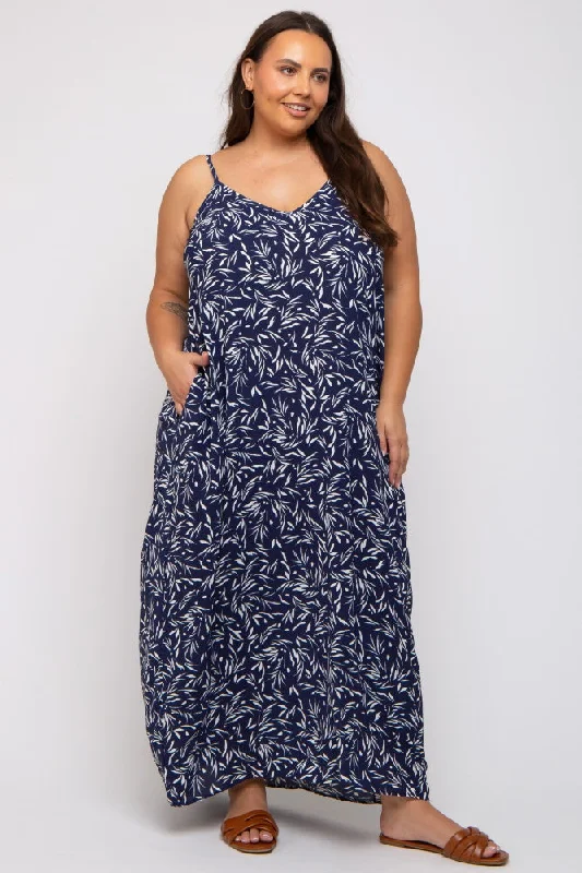 casual knit dressNavy Leaf Print Double V-Neck Plus Maxi Dress