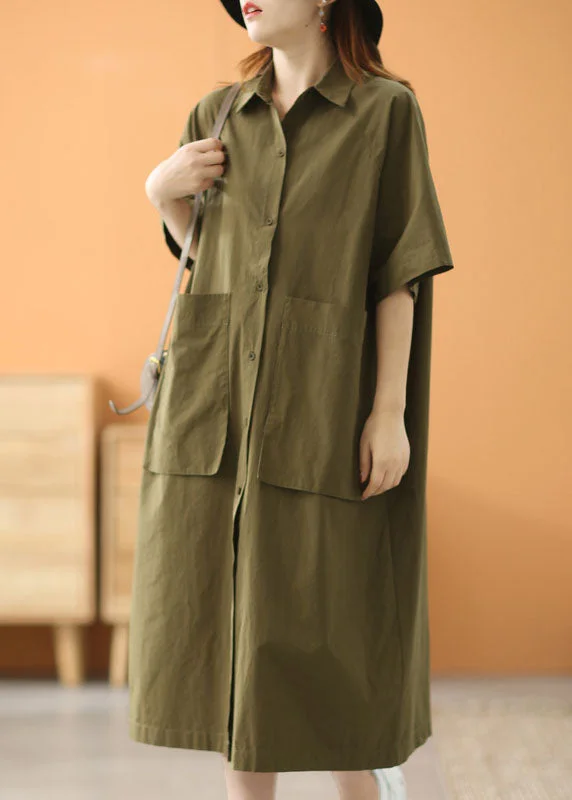 trendy wrap dressModern Green Peter Pan Collar Oversized Big Pockets Cotton Loose Shirt Dress Short Sleeve