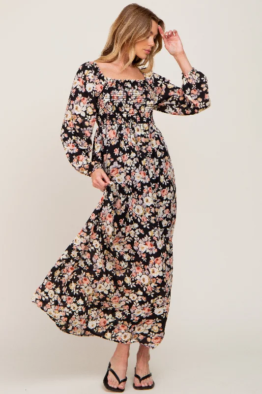 luxury dressBlack Floral Smocked Midi Dress