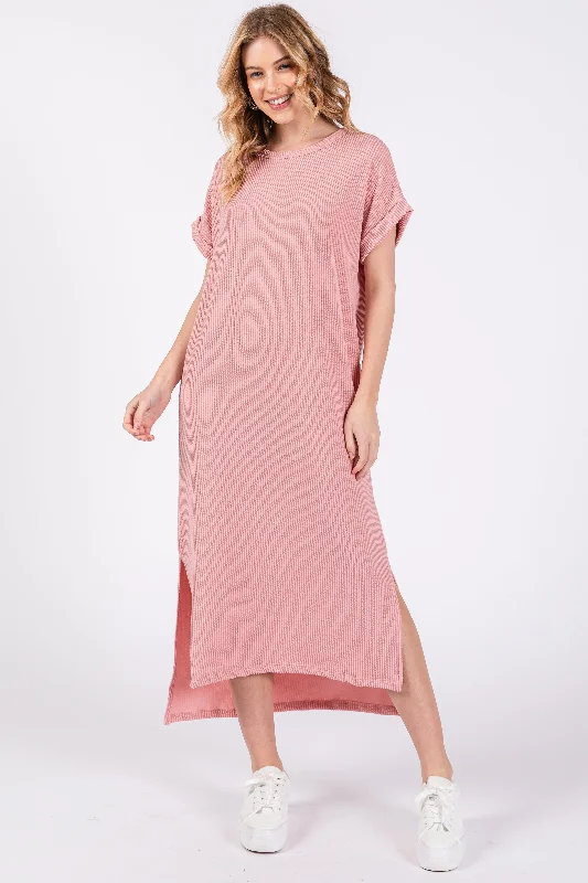 flowy dressLight Pink Ribbed Short Sleeve Midi Dress