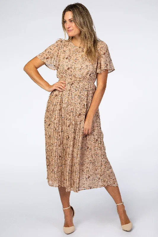 ruched dressBeige Floral Pleated Chiffon Midi Dress