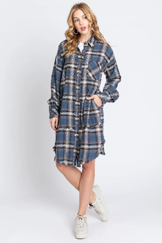 off-shoulder dressBlue Plaid Button Down Raw Hem Dress