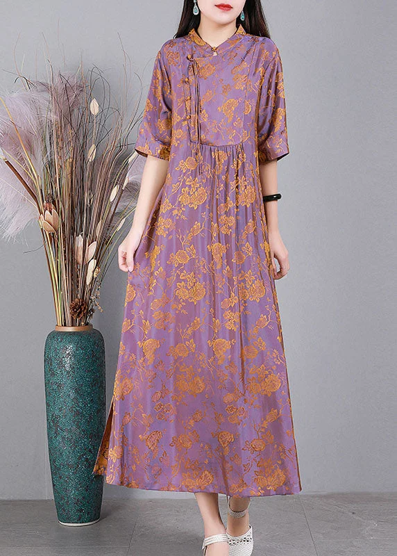 spaghetti strap dressUnique Light Purple Stand Collar Jacquard Side Open Oriental Button Silk Dress Half Sleeve