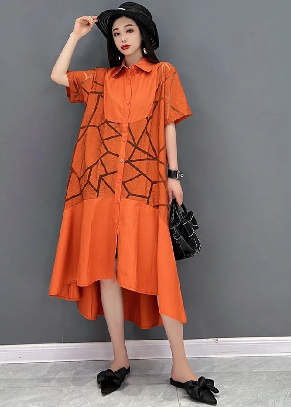 elegant evening dressOrange Oversized Patchwork Cotton Shirt Dress Hollow Out Short Sleeve