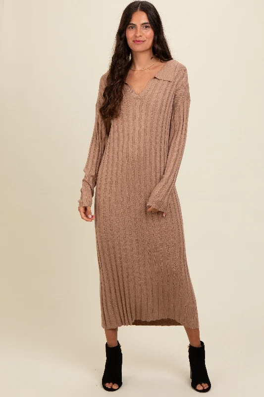 fitted bodycon dressMocha Ribbed Collared Midi Sweater Dress