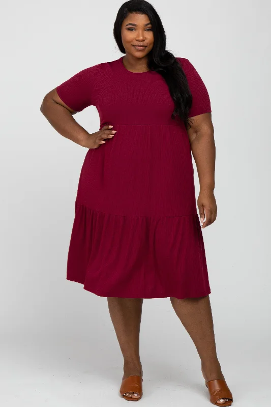 lace dressBurgundy Ribbed Tiered Plus Dress