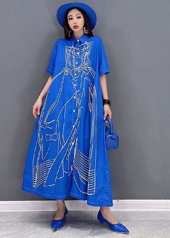 casual day dressBlue Character Print Cotton Linen A Line Dress Oversized Short Sleeve