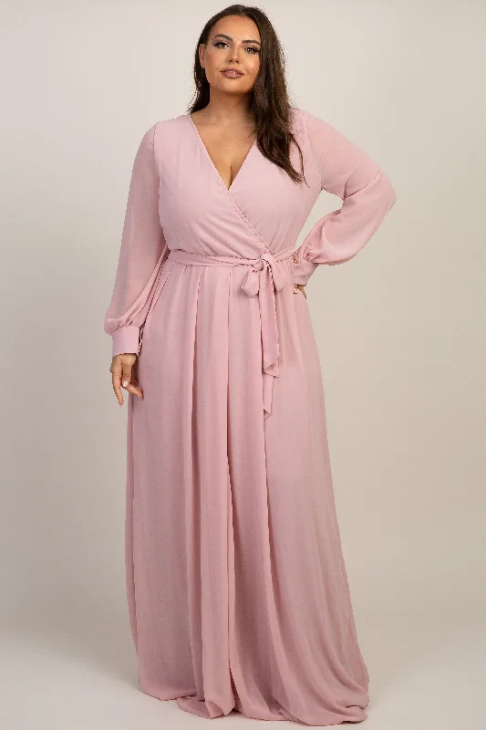 pleated dressLight Pink Chiffon Long Sleeve Pleated Plus Maxi Dress