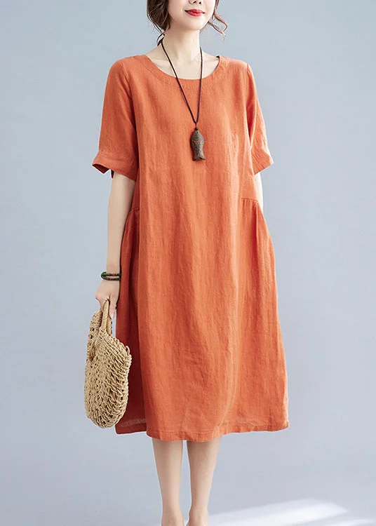 party-ready dressWomen Orange Solid O-Neck Linen Dresses Short Sleeve