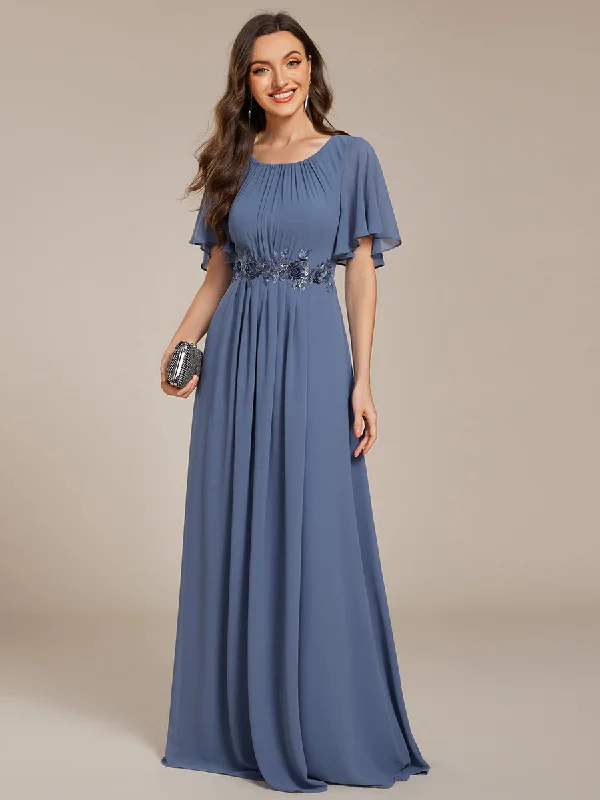 winter dressShort Sleeves Pleated Applique A-Line Floor-Length Formal Evening Dress