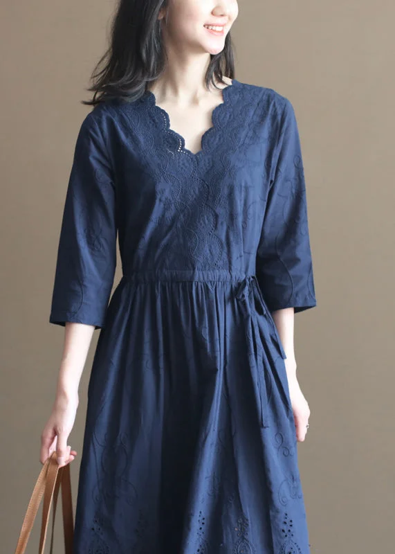 lace-up dressNatural Navy Drawstring V Neck Embroideried Cotton Long Dress Bracelet Sleeve