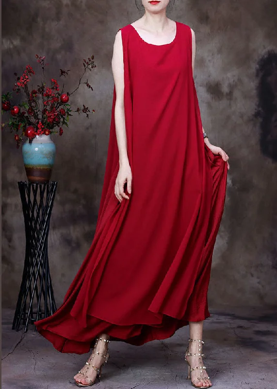 trendy dressRed Side Open Chiffon Holiday Beach Dress Lace Up Sleeveless