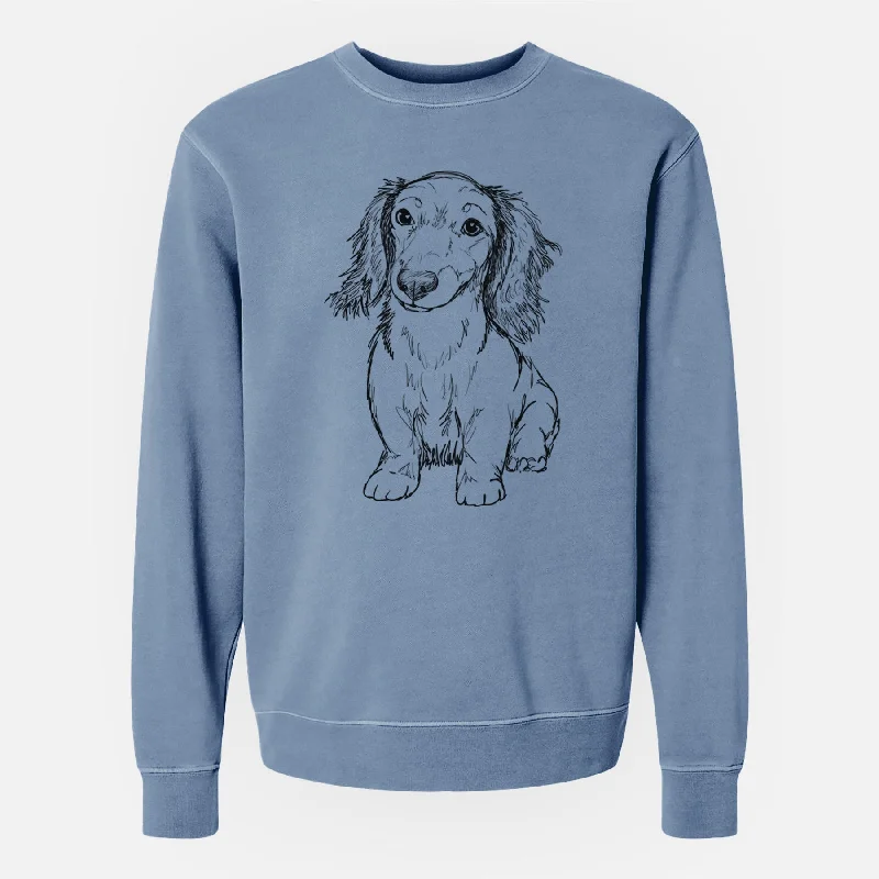 trendy sports sweatshirtDoodled Sweetie the Toy Long Haired Dachshund - Unisex Pigment Dyed Crew Sweatshirt