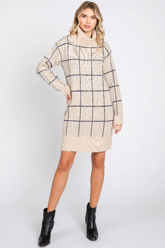 trendy wrap dressTaupe Windowpane Turtleneck Sweater Dress