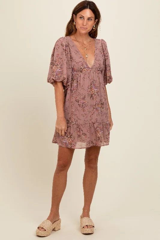 trendy dressMauve Deep V-Neck Tie Back Floral Mini Dress