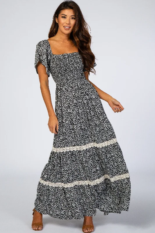 cocktail dressBlack Floral Square Neck Smocked Front Lace Trim Maxi Dress