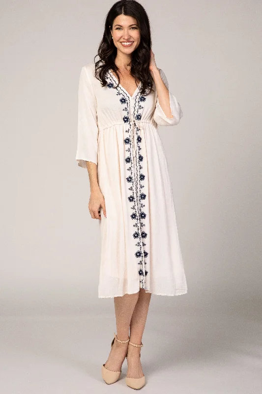 sleek dressBeige Floral Embroidered 3/4 Sleeve Midi Dress