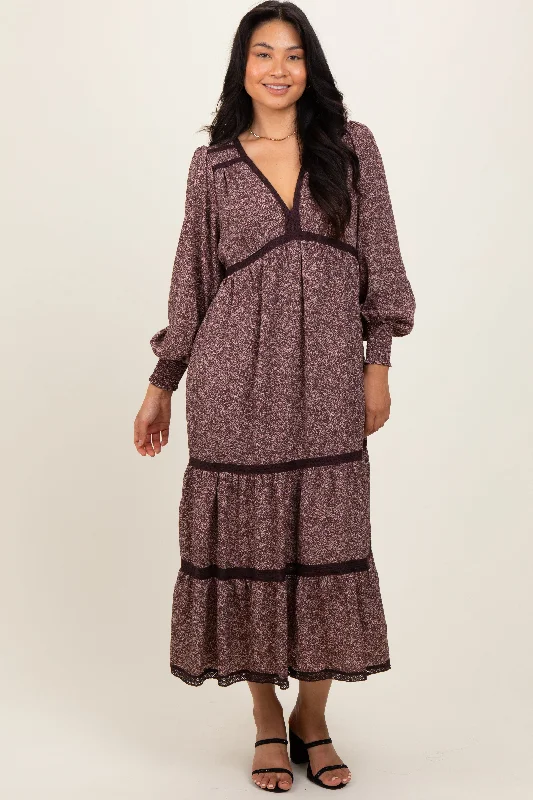 office dressBrown Floral Lace Trim Bubble Sleeve Maxi Dress