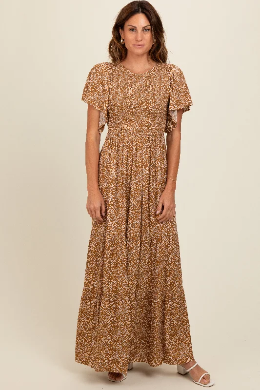 cocktail party dressCamel Floral Smocked Flutter Sleeve Maxi Dress