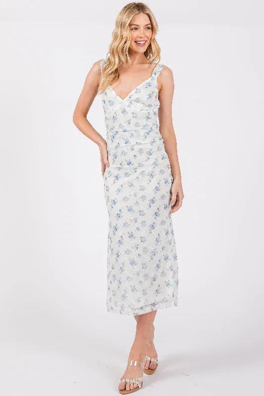 puff sleeve dressBlue Floral V-Neck Sleeveless Midi Dress