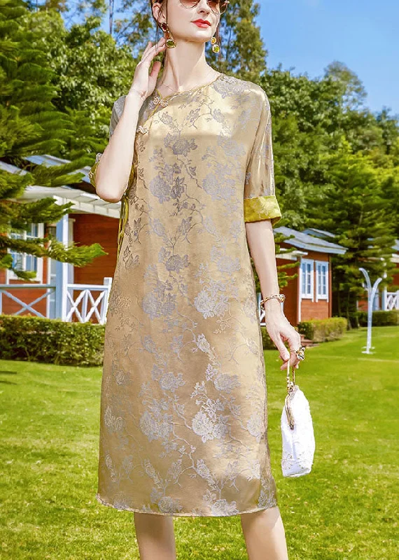 A-line dressVintage Purple Jacquard O-Neck Print Silk Chinese Style Dress Half Sleeve