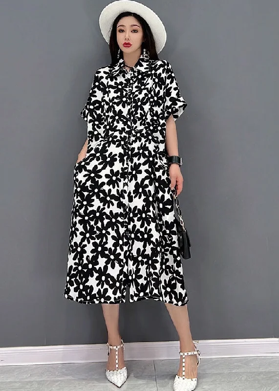 flowy maxi dressBlack Floral Print Cotton Long Dresses Turn-down Collar Short Sleeve