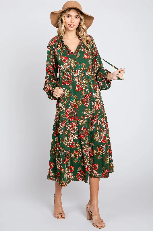 fitted cocktail dressForest Green Floral Ruffle Neck Tiered Midi Dress