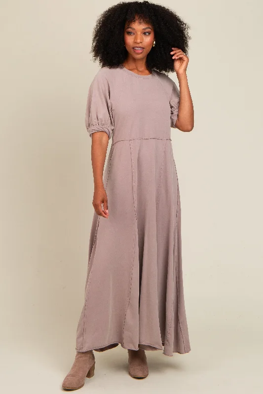 casual midi dressTaupe Vintage Wash Puff Sleeve Maxi Dress