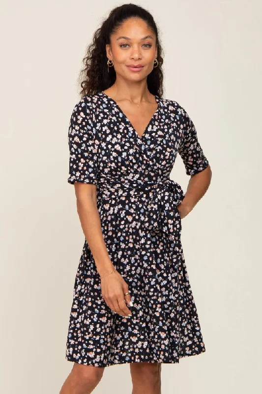 casual knit dressBlack Floral Wrap Front V-Neck Short Sleeve Dress