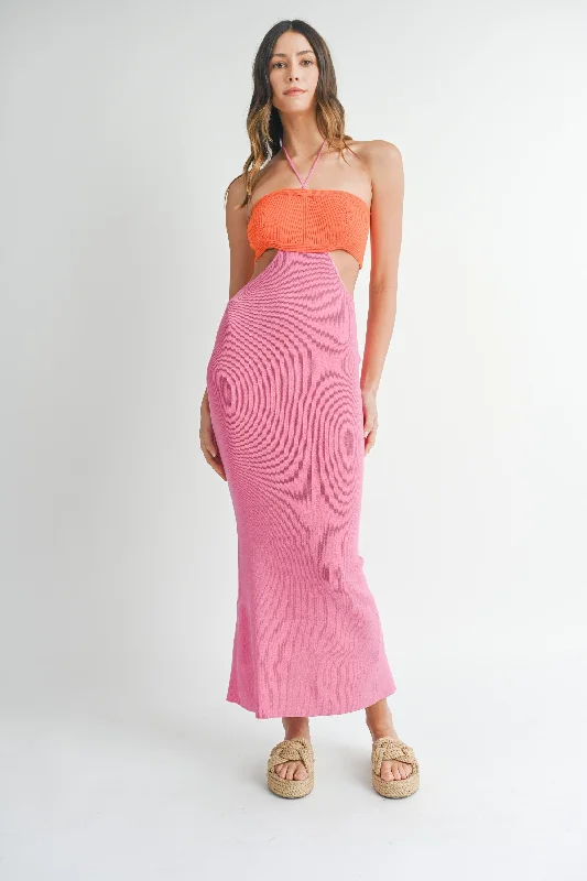 flowy maxi dressOrange Pink Colorblock Fitted Maxi