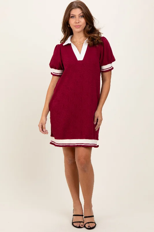 pleated maxi dressBurgundy Knit Contrast Trim Collared Mini Dress