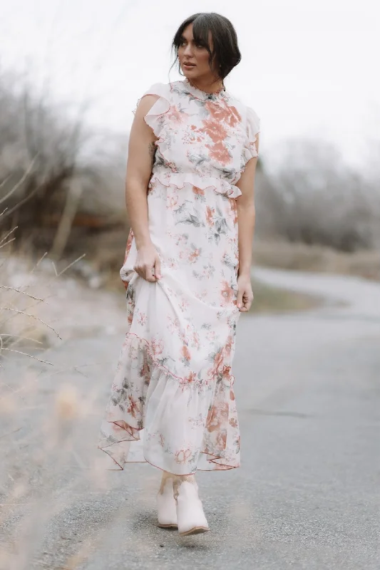 off-shoulder dressPeach Floral Maxi Dress