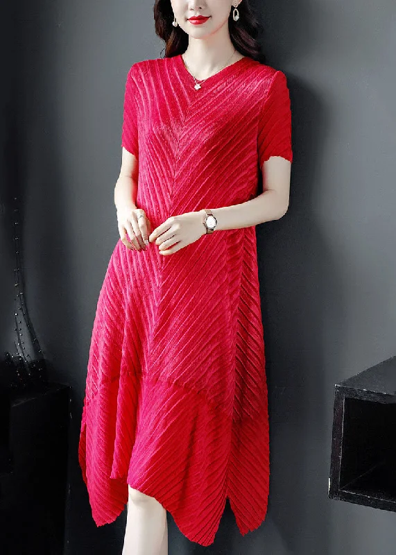 playful dressBeautiful Red Solid Color V Neck Wrinkled Silk Long Dress Short Sleeve