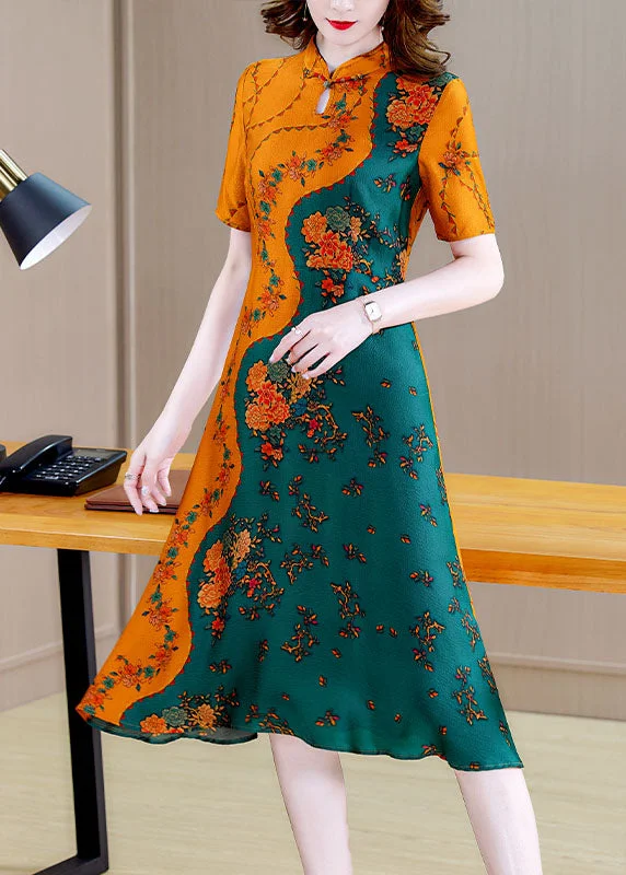 casual midi dressBoutique Colorblock Mandarin Collar Print Silk A Line Dresses Short Sleeve