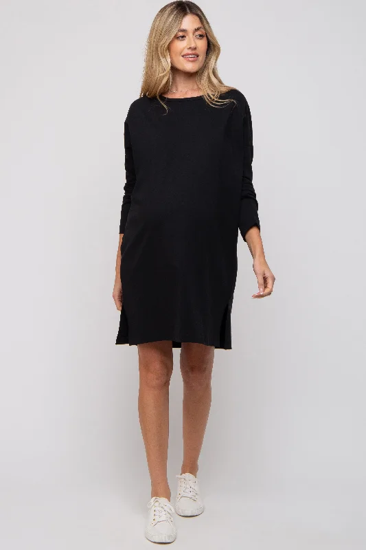 one-shoulder dressBlack Long Sleeve Maternity Shirt Dress