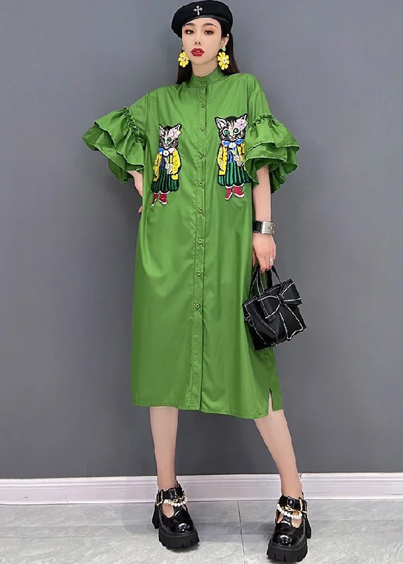 romantic dressCasual Green Stand Collar Cat Embroideried Shirt Dress Ruffles Sleeve