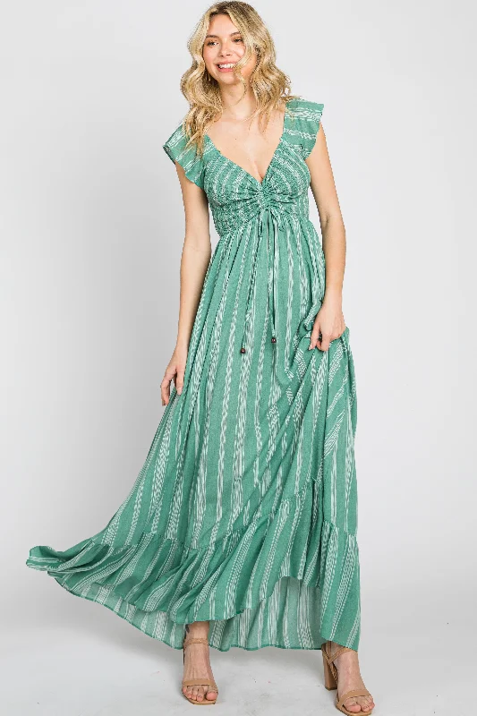 puff sleeve dressGreen Striped Off Shoulder Front Tie Maxi Dress